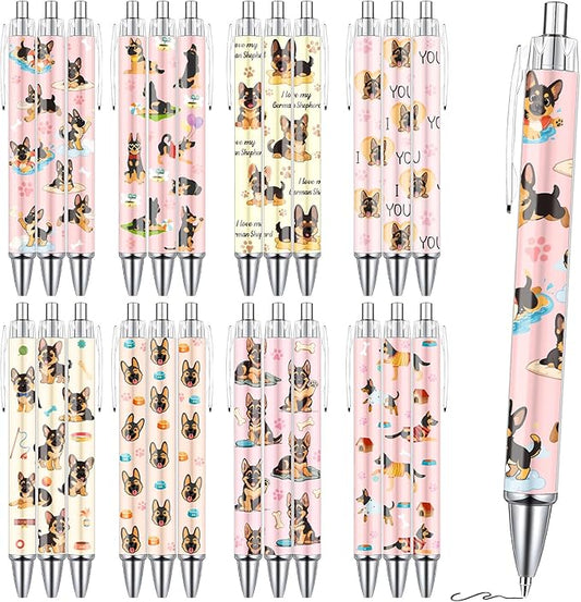 German Shepherd Ballpoint Pens Gifts 24Pcs Cartoon Dogs Pen Set Animal Retractable Smooth Writing Ballpoint Pen Gift for Women Teacher Students Dog Lovers Teen Office School Party Supplies