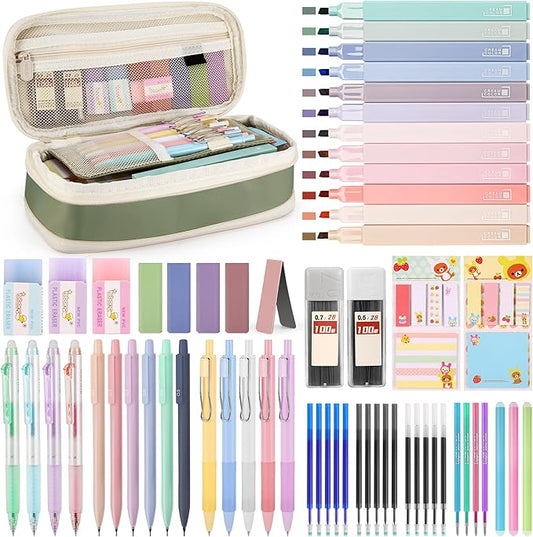 DazSirit 62 PCS Aesthetic School Supplies with Foldable Pencil Case, 12 Pastel Highlighters, 4 Erasable Pens, 5 Gel Pens, 6 Mechanical Pencils, Sticky Notes, Complete Stationery Kit for Teens, Green