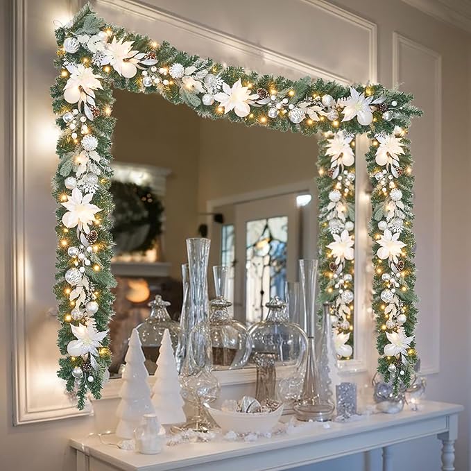 Lighted Christmas Garland for Mantle,Fireplace,Stairs, Garland for Front Door Pre-lit 6 feet Winter White Silver Poinsettia Garland with 25 LED Lights,Timer & Battery Operated.in/Out Door Decor