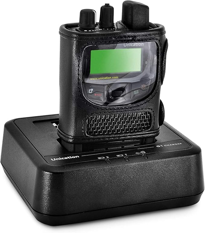 Made for Unication G1 Voice Pager Fire Radio Phone Black Leather Fitted Case with Heavy Duty Ratcheting Removable Metal Belt Clip