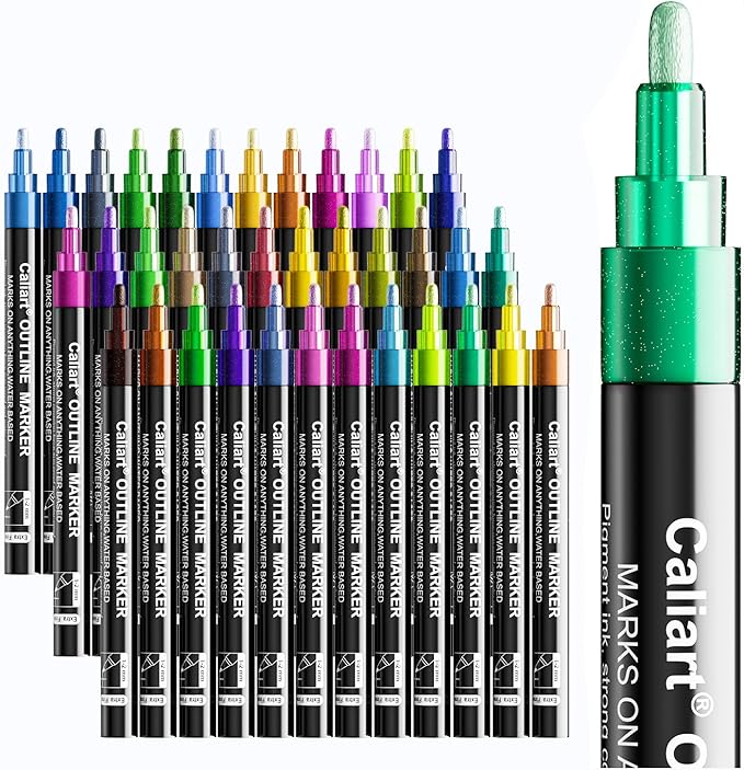 Caliart 36 Colors Outline Shimmer Markers, Glitter Metallic Marker Pens, Stocking Stuffers for Teen Girls Boys Adults Christmas Gifts Trendy Stuff, Cool Fun Craft Drawing Art Supplies Set