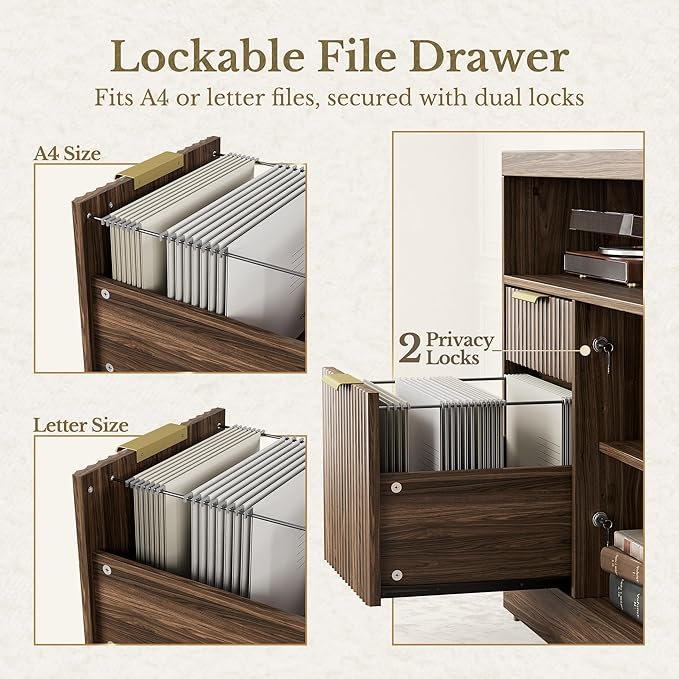 2 Drawer File Cabinet with Lock, 63'' Wood Lateral File Cabinet, Compatible Letter and A4 Size, Fluted Filing Cabinet for Home Office with AC/USB, Adjustable Storage Shelves, Black Walnut