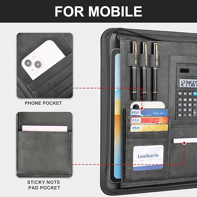 Leathario Portfolio Binder, 3-Ring Folder Organizer, Includes 5 Sheet Protectors and a Pen, Vegan Leather A4 Padfolio for Tablets, Business Conferences Professional Document Organizer, Office Supplies