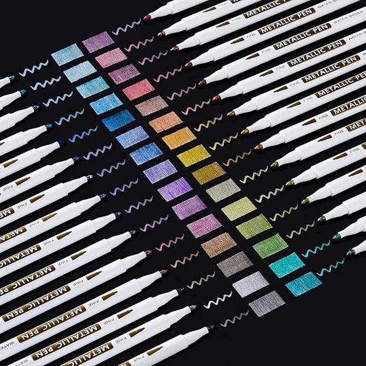 Shuttle Art Metallic Marker Pens, 30 Colors Metallic Paint Markers with 1 Coloring Book Fine Point for DIY Card, Calligraphy, Art and Crafting Projects, Works Great on Black Paper, Scrapbooks, Rock