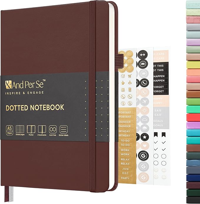 &And Per Se Dotted Journal Notebook, A5 Hardcover Leather Bullet Dotted Journal, 160 Pages 100 gsm Thick Paper, 3 Sheets of Stickers Included- 5.7'' x 8''（Chocolate）