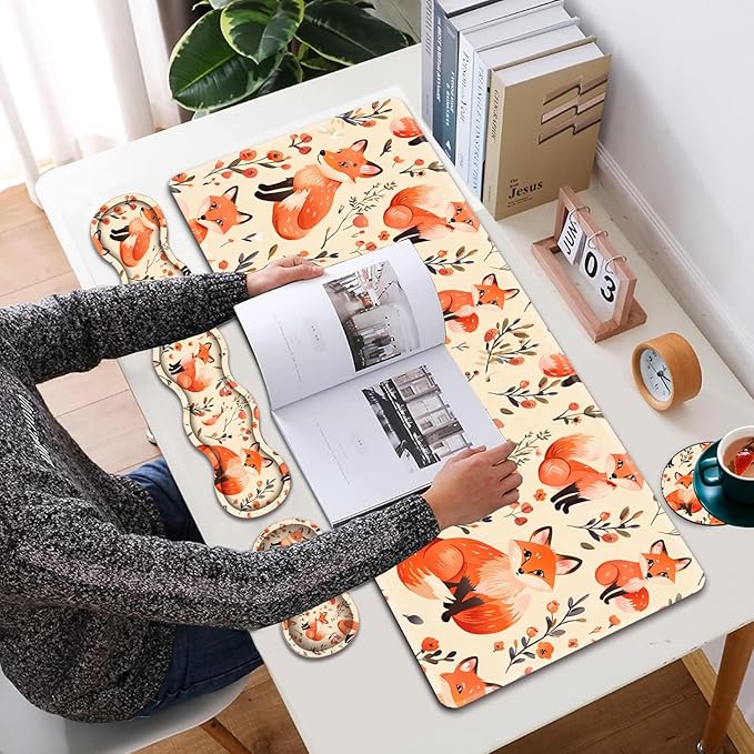 Large XXL Gaming Desk Mat 31.5"x 11.8", Ergonomic Keyboard Wrist Rest & Mouse Pad Wrist Rest + Coaster Set, Non-Slip Base, Memory Foam, Office and Home, Little Fox