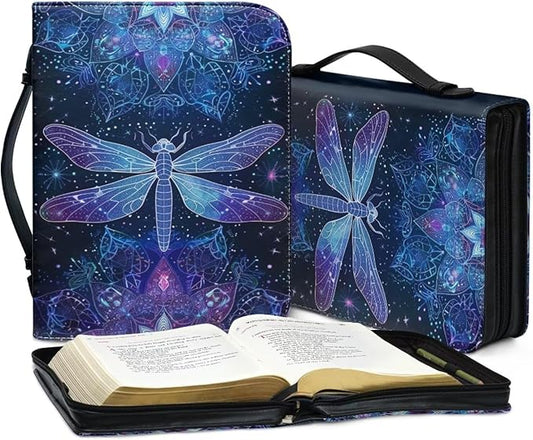 Lotusorchid Dragonfly Print Bible Covers for Women PU Leather Bible Case, Portable Bible Tote Bag Bible Book Carrying Case Christian Bible Accessories with Handle Pocket, Blue, XL