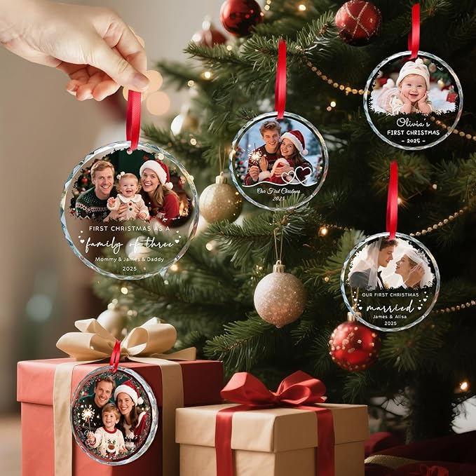 Personalized Family of 3 Christmas Ornament 2025 - Custom Ornament for First Christmas as a Family of 3 - Crystal Photo Ornaments Gifts for New Parents, Newborn, Baby Girl & Boy (3.15”)