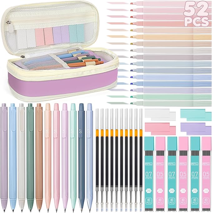 52 PCS Aesthetic School Supplies with Cute Pencil Case, Stationery Essentials with Pens Pencils and Pastel Highlighters Set,College Back to School Supplies for Teen Girls,Pastel Office Supplies-Purple