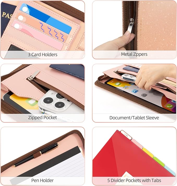 Ospelelf Clipboard with Storage, 3 Ring Binder with Zipper, Leather Padfolio Portfolio Folder, Calculator, 12.1” Tablet Sleeve, 5 Dividers with Pocket|Refillable Notepad, Card Slot (Rose Gold)