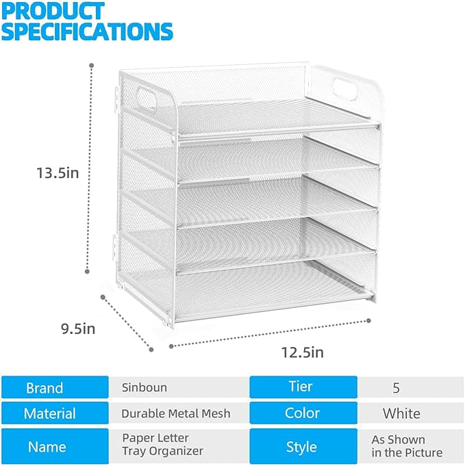 Letter Tray Paper Organizer 5-Tier Desk Organizer File Organizer Paper Holder with Handle, Metal Desktop Document Shelf Tray Office Classroom Organization - White