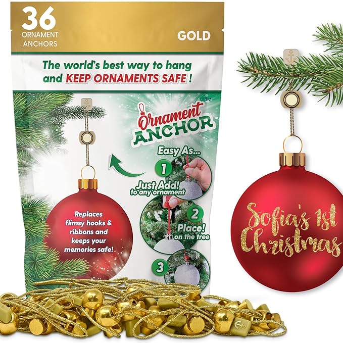 ORNAMENT ANCHOR Ornament Hooks for Hanging Christmas Decorations - No-Slip Hanging Hooks for Xmas - Heavy Duty Christmas Tree Ornaments Hanger Hooks for Large 36 Gold