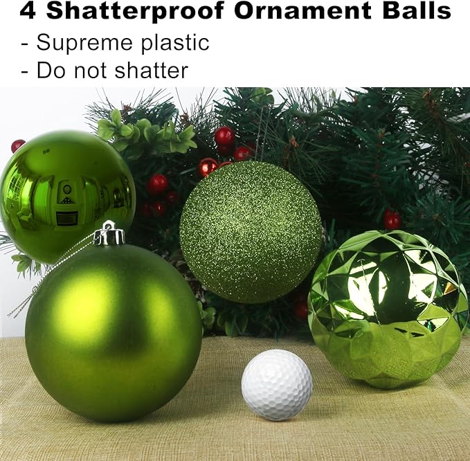 Lime Green 4.0" Large Christmas Balls - Christmas Tree Decoration Ornaments Shatterproof Hanging Balls for Birthday Halloween Holiday Wedding Decorations Set of 4pcs