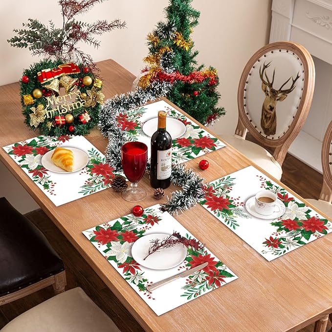 50 Pack Christmas Velvet Poinsettia Paper Placemats,16x 11 Inch Red Poinsettia Flower Disposable Placemat Seasonal Winter Poinsettia Golden Tablemats for Kitchen Dining Christmas Party Supplies