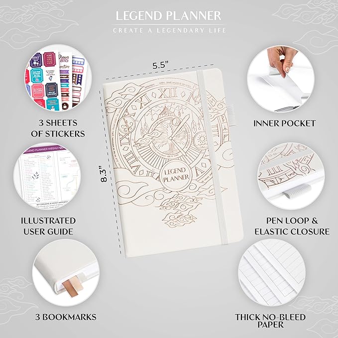 Legend Planner – Weekly & Monthly Life Planner to Hit Your Goals & Live Happier. Organizer Notebook & Productivity Journal. A5 (White)