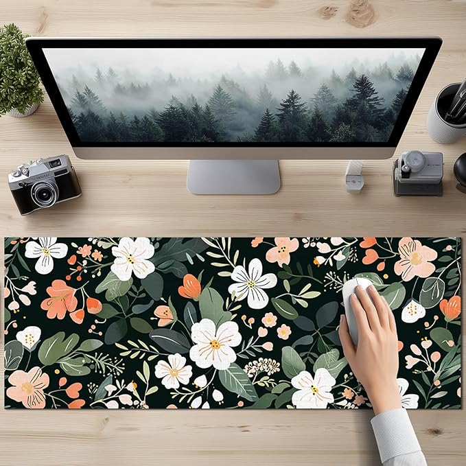 Large Floral Mouse Pad 31.5 x 11.8 in Extended Desk Mat Non Slip Waterproof Keyboard Mousepad with Botanical Blossom Design for Office Home Gaming