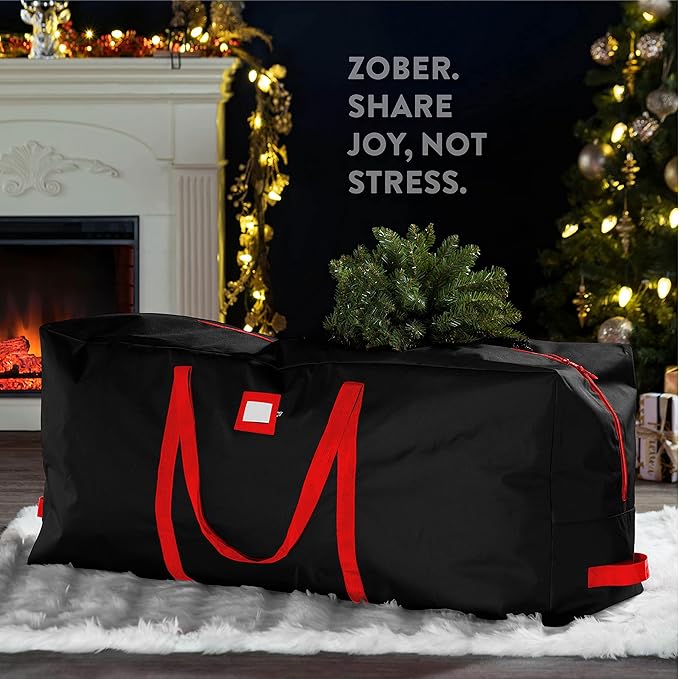 Zober Large Christmas Tree Storage Bag - Fits 9 Ft Artificial Trees - Tear Proof 600D Oxford Fabric Waterproof Christmas Tree Bag For Storage Box For Xmas - Strong, Durable Handles - Card Slot - Black