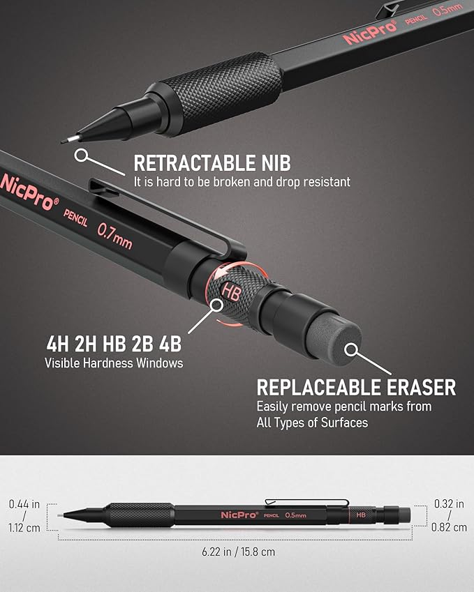 Nicpro 0.5 mm & 0.7 mm Mechanical Pencil Set with Case, MP2000 Metal Artist Mechanical Pencil With 6 Tube HB 2B Lead Refills, Eraser, Weatherproof Barrel for Outdoor Writing Drafting Sketching