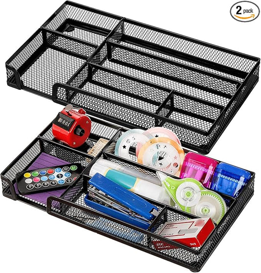 2 Pack Desk Drawer Organizer, Metal Mesh Drawer Office Tray, 6 Compartments Pen Organizer Storage Box, Desktop Basket Accessories for Home Office School Kitchen Vanity Supplies, Black