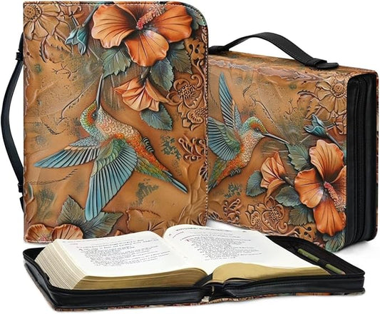 Lotusorchid Large Faux Leather Bible Cover, Hummingbird Bible Cover Case for Women with Handle Pocket, Hibiscus Bible Book Carrying Bags Bible Tote Bag, Bible Study Accessories, Orange, XL