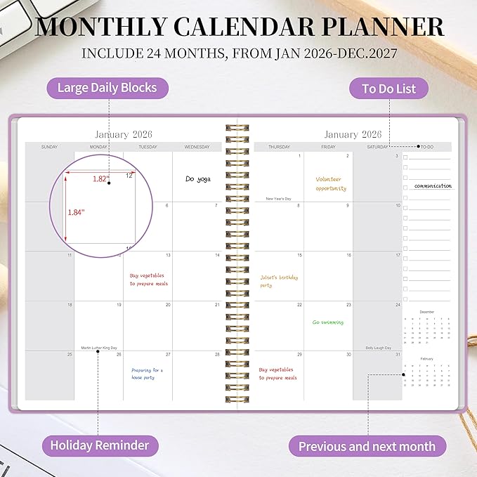Monthly Planner 2026-2027 - 2 Year Monthly Planner Calendar 2026-2027, Jan. 2026 - Dec. 2027, 7.3" * 9.5", 24 Months Calendar Planner with Note Pages, for Office, School Home Planning - Purple