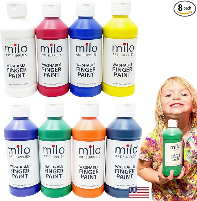milo Kid's Washable Finger Paint Set of 8 Colors | 8 oz Bottles | Safe and Non-Toxic | Made in the USA | Art & Craft Paints for Kids, Toddlers, Pre School Supplies Painting Set for Children | Easy Pour and Squeeze Bottles