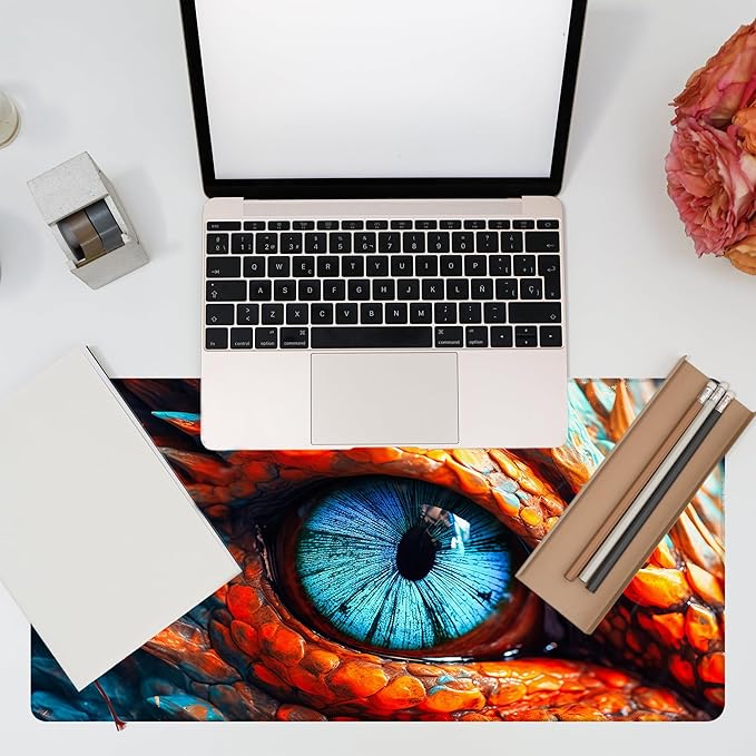 Large Gaming Mouse Pad for Desk, Dragon Blue Eyes Desk Mat, Dragon Eyes Desk Pad, 31.5"x15.7" Extended Big Computer Keyboard Mouse Pad with Non-Slip Base and Stitched Edge