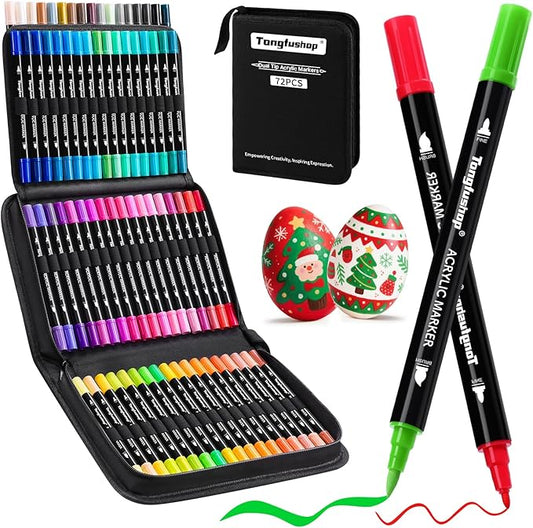 Tongfushop 72 Colors Acrylic Paint Markers, Dual Fine & Brush Tip Paint Pens, No Bleed for DIY Crafts, Rock Painting, Canvas, Wood, Glass, Ceramic, Art Supplies Kit with Case for Artists, Adults, Kids