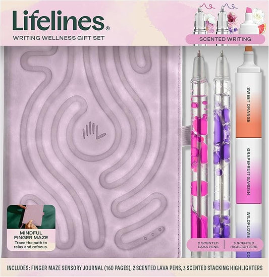 Lifelines Writing Wellness Gift Set - Scented Writing Set Includes Finger Maze Sensory Journal, 3 Scented Stacking Highlighters & 2 Lava Gel Pens - Aromatherapy & Sensory Immersion