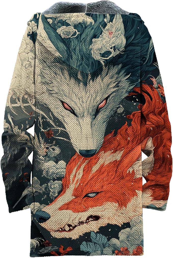 MARSVOVO Mens Cardigan Sweater Cool Graphic Lined Fleece Long Coat Zip With Pockets Fashion Coat Warm Fitted Jacket