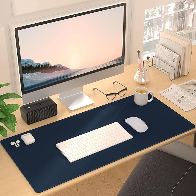 Leather Desk Pad Protector, Mouse Pad, Non-Slip Computer Mat for Desk, PU Leather Office Desk Mat for Home & Office, Waterproof Laptop Desk Blotter Pad for Keyboard and Mouse, Navy (13.7''X23.6'')