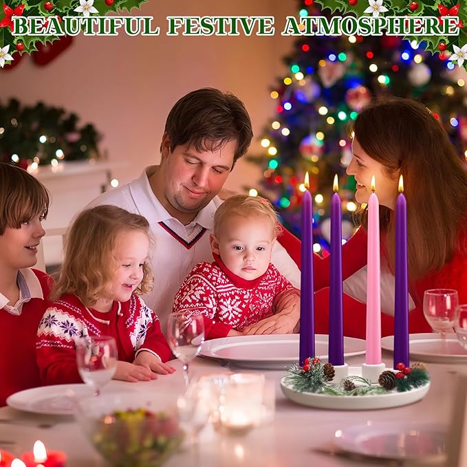 Ceramic Christmas Advent Candles Holder with 12 Taper Candles Candlestick 7.8 Inch Advent Wreath Candleholder Tray for 4 Christmas Table Centerpiece Decorations Holiday Indoor Xmas Home Decor