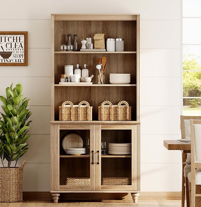 WAMPAT 5 Tier Bookshelf 72" Tall Bookcase with Glass Doors,Large Farmhouse Display Book Shelf with Adjustable Shelves and Storage Cabinet，Library Wood Bookshelves for Living Room,Kitchen, Oak