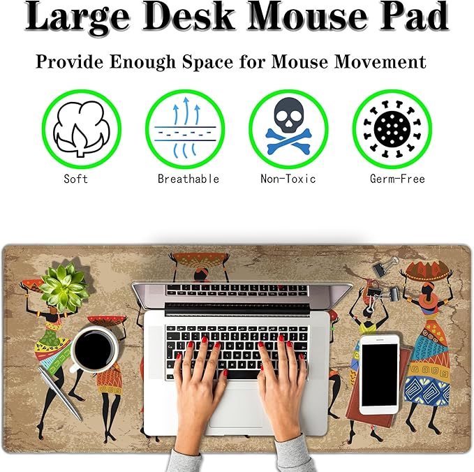 Large Mousepad African Woman Office Decor Gaming Mousepads Computer Desk Mat Mat Mouse Pad Waterproof Non-Slip Rubber Base 35.4 X 15.7 for Game Office, Grunge African Dancer