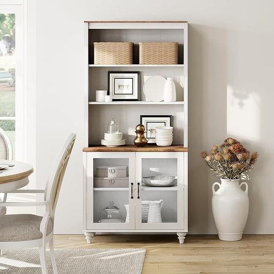 WAMPAT 5 Tier Farmhouse Bookshelf 72" Tall Bookcase with Doors, Large Display Book Shelf with Adjustable Shelves and Storage Cabinet Wood Bookshelves for Living Room & Study Room & Bedroom, White