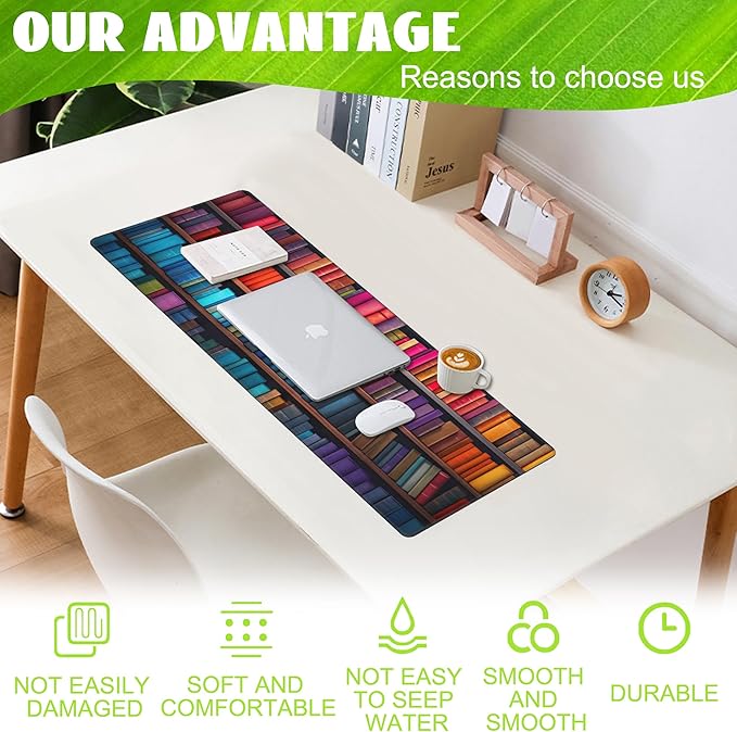 Large Gaming Mouse Pad for Desk,Bookshelves Full of Books Desk Mat,Colorful Books Desk Pad,Extended Big Computer Keyboard Mouse Pad with Non-Slip Base and Stitched Edge,31.5"x11.8"