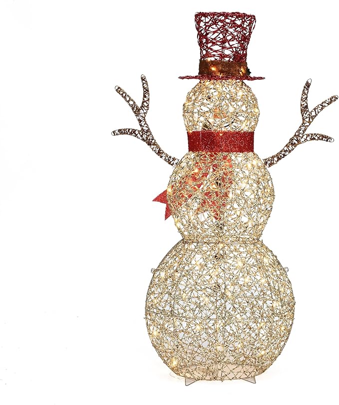 LuxenHome 4FT Lighted Snowman Outdoor Christmas Decorations, Gold Light Up Snowman Christmas Decor with 70 LED Light, Red Scarf & Hat, Xmas Decorations Outdoor, Indoor for Porch, Lawn Holiday Display