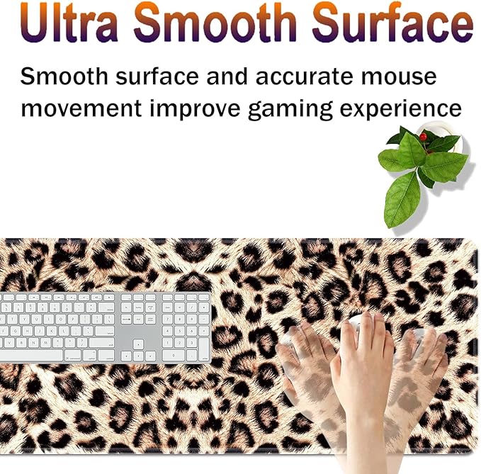 Large XXL Gaming Desk Mat 31.5"x 11.8", Ergonomic Keyboard Wrist Rest & Mouse Pad Wrist Rest + Coaster Set, Non-Slip Base, Memory Foam, Office and Home, Leopard Print