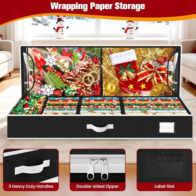 Wrapping Paper Organizer Storage, Christmas Wrapping Paper Storage for Christmas Decorations, Ribbon, Accessories, Underbed Gift Wrap Container with Flexible Partition, Interior Pockets(Black)