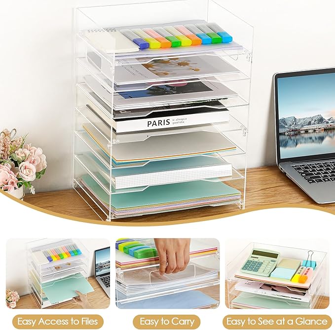 MaxGear 7 Tier Acrylic Paper Tray, Clear File Trays, Acrylic Clear Letter Tray Organizer, Stackable Desk Trays, Stackable Paper Organizer, Office Desk Organizers and Accessories