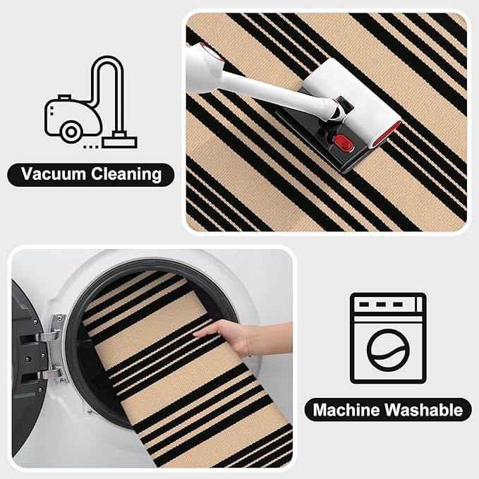 OJIA Outdoor Patio Rug 5'x7', Black and Tan Striped Outdoor Rugs Machine Washable Area Rugs Cotton Hand Woven Indoor Outdoor Rugs for Bedroom/Living Room/Front Porch/Deck/Backyard/Camping