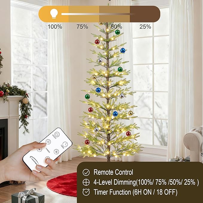 Lightshare 7.5FT 180L Warm White Pine Needle Christmas Tree with Ornaments, Remote & Dimmable Transformer