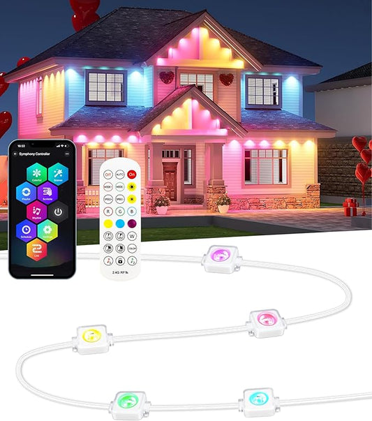 Permanent Outdoor String Lights, 50ft RGBW+IC Smart LED Eaves Lights Waterproof IP67, App & Remote Control, Multi-Colored DIY Scene Lighting for Halloween Christmas House Year-Round Decor