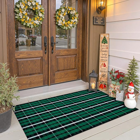 OJIA Christmas Door Mat Outdoor 24"x51" Green Plaid Front Door Rug, Washable Holiday Doormat Outdoor Porch Rug Farmhouse Throw Carpet Layered Door Mats for Entrance Kitchen Indoor Decor