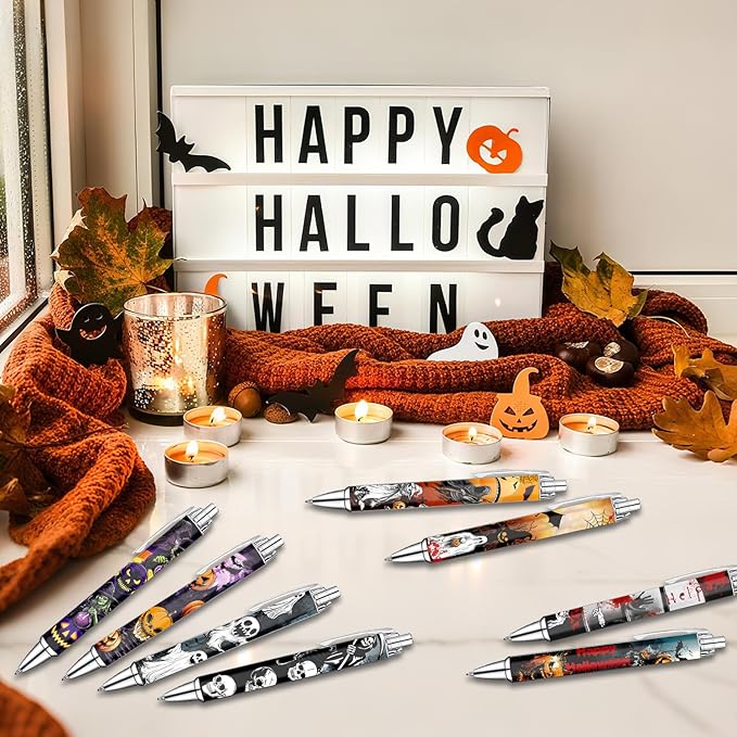 Idealmuzik Halloween Pens Set – Fun Ballpoint Pens for Adult, Students, and Stationery Lovers – Smooth Writing Pens for School, Journaling, or Party Favors – Haunted Holiday Design, 8 Pack