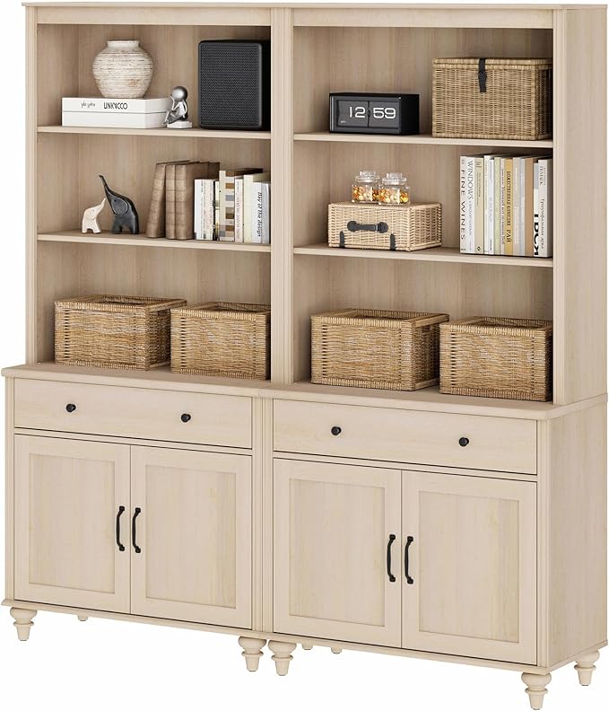 WAMPAT 5 Tier Bookshelf 72" Tall Bookcase with Barn Doors, Large Farmhouse Display Book Shelf with 2 Drawers and Storage Cabinet, Library Wood Bookshelves for Living Room,Kitchen, Light Oak(2PCS)