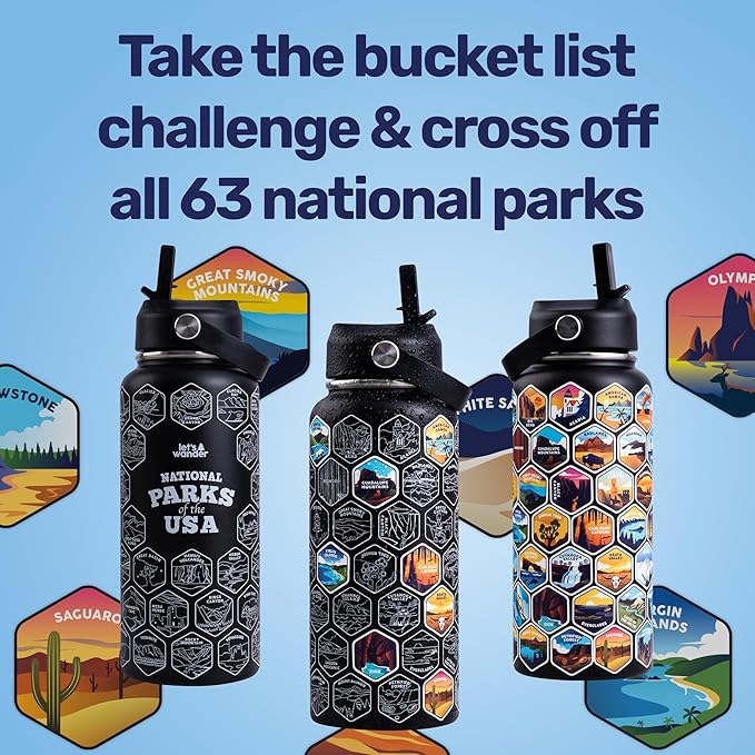 LET'S WANDER Original Lets Wander National Parks Water Bottle with Waterproof Stickers - 32oz Leakproof Insulated Stainless Steel with Straw - Parks of the USA Bucket List Bottle [BLACK]