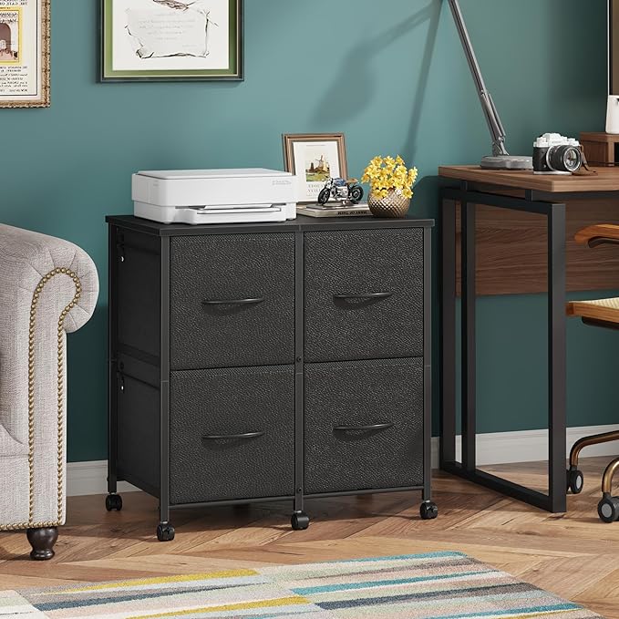 Lateral File Cabinet 4 Fabric Drawer, Mobile Filing Cabinet for Large Printer, Home Office Functional Small Office Storage Cabinet & Printer Stand, Fits Letter Size, Black