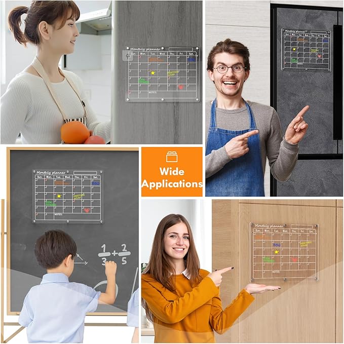 Magnetic Acrylic Calendar for Fridge,2 Pack 12"x16" Clear Fridge Calendar Dry Erase Magnetic Planning Boards Set(Monthly Planner+Blank Memo Board)