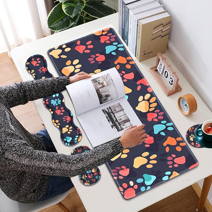 Large XXL Gaming Desk Mat 31.5"x 11.8", Ergonomic Keyboard Wrist Rest & Mouse Pad Wrist Rest + Coaster Set, Non-Slip Base, Memory Foam, Office and Home, Color Dog Paw Prints